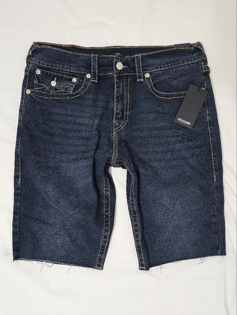 True Religion Ricky Big T Flap Raw Hem Denim Shorts Men's 34 Dark Wash Relaxed